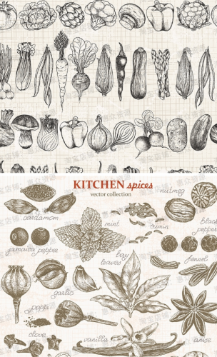 手绘素描水果蔬菜食材图案背景餐饮店铺品牌菜单vi包装设计ai素材