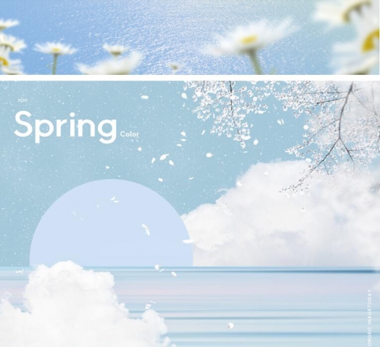 春天多彩天空云层山峰樱花花朵创意抽象时尚插画海报psd设计素材